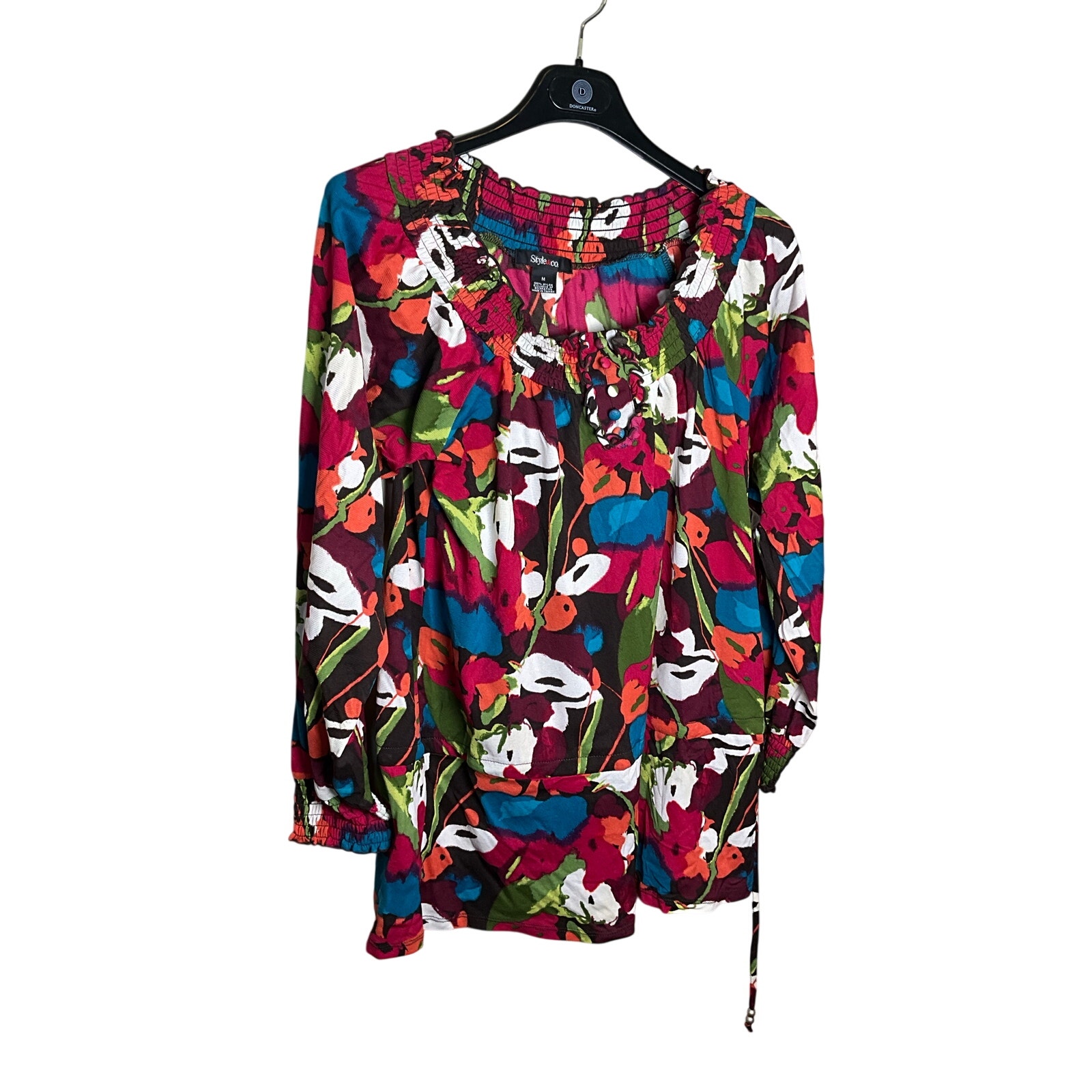Style&Co Floral Blouse Smocked Peasant Long Sleeve Multicolor Womens Size M New